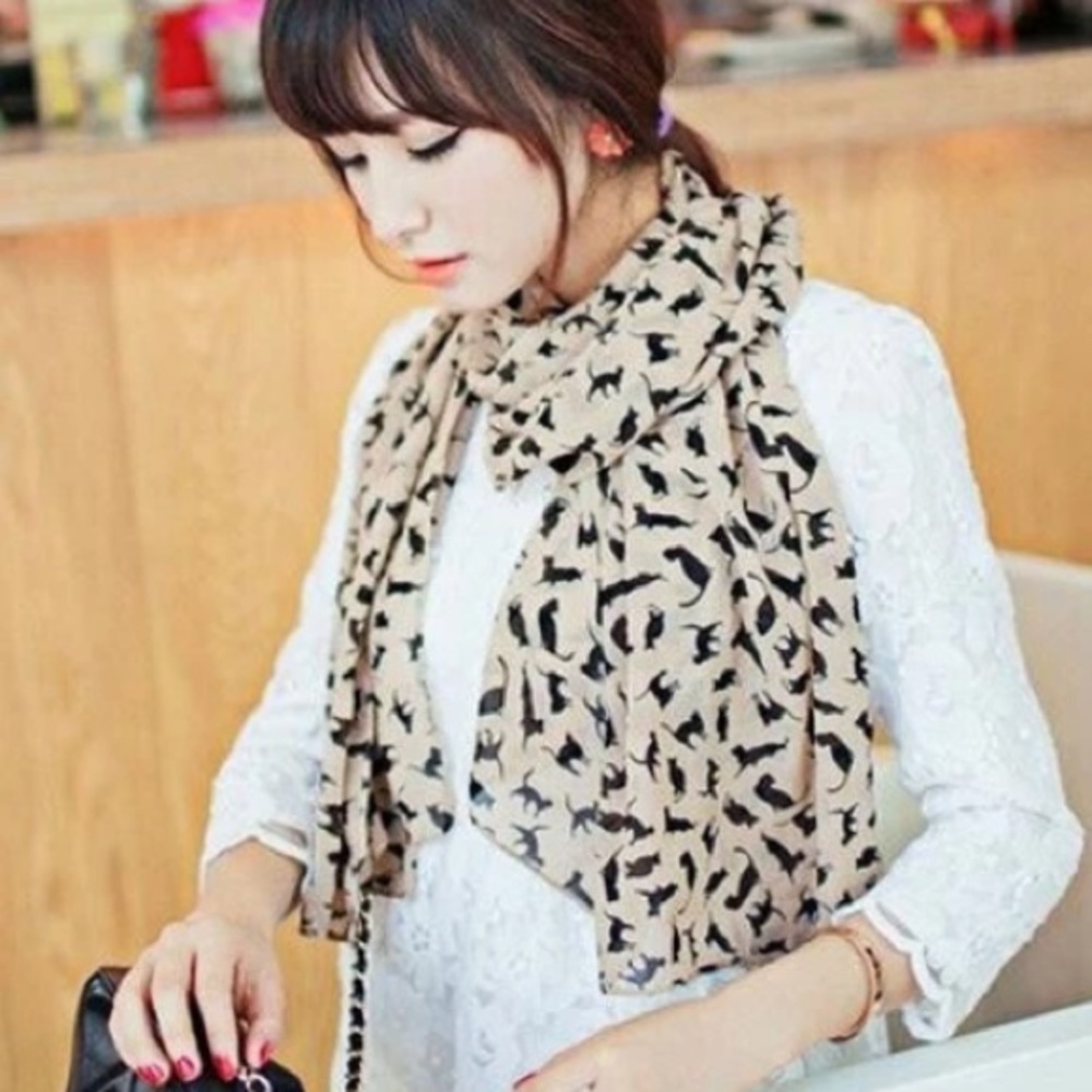 3/$25 Black Cat Beige Chiffon Scarf Meowingtons Clowder